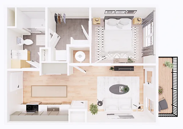 Chic 3D floor plan showcasing a modern 1 bedroom, open-concept living area, and private balcony.