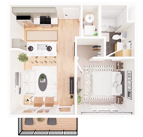 Chic open-concept floor plan showcasing 1 bedroom, modern kitchen with island seating, cozy living area, and private balcony access.