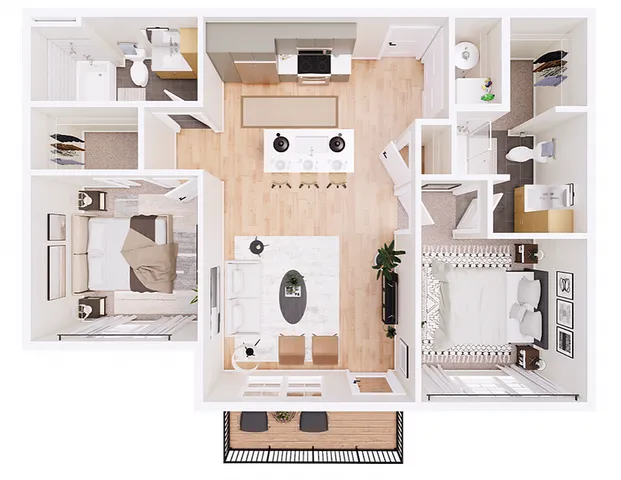 Modern floor plan showcasing 2 bedrooms, open-concept living and dining area, gourmet kitchen, and private balcony.