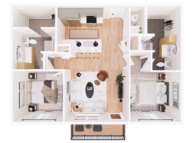 Modern 2D floor plan showcasing an open-concept living area, two cozy bedrooms, stylish kitchen, and dual bathrooms, complete with a charming balcony.