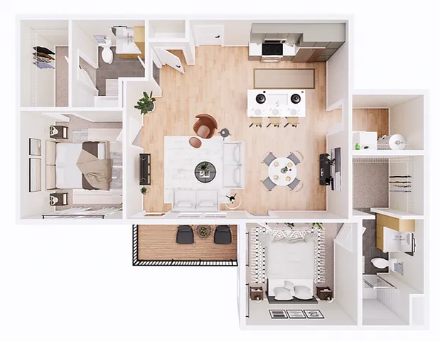 Modern 3D floor plan featuring a stylish open-concept living area, two cozy bedrooms, and a sleek kitchen with island seating.