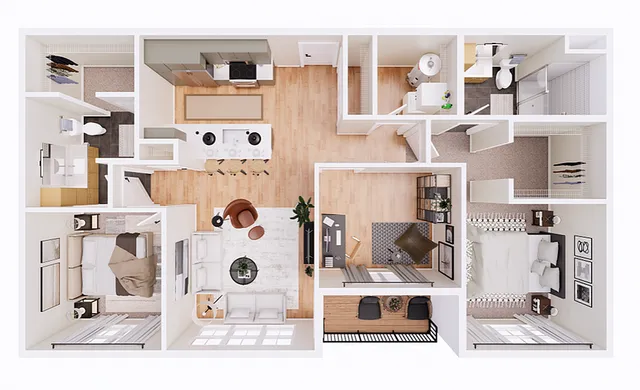 Elegant 3D floor plan showcasing a modern apartment with two bedrooms, a spacious open-plan living and dining area, stylish kitchen with island, and a cozy balcony.