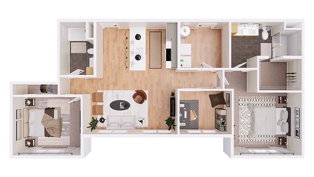 Modern floor plan showcasing 2 spacious bedrooms, an open-concept living room, and a sleek kitchen design.