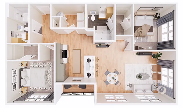 Modern apartment floor plan showcasing two spacious bedrooms, a cozy open-plan living and dining area, and a sleek kitchen with island seating. Includes two bathrooms and a private balcony.