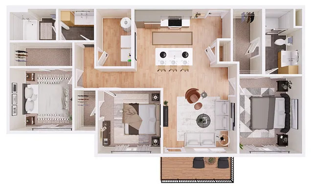 Contemporary 3D floor plan showcasing a spacious apartment with 3 bedrooms, open-concept kitchen and living area, and a stylish balcony for outdoor enjoyment.