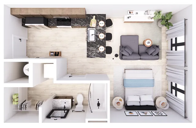 Elegant studio apartment floor plan with open-concept living room, kitchen, and a modern bathroom.