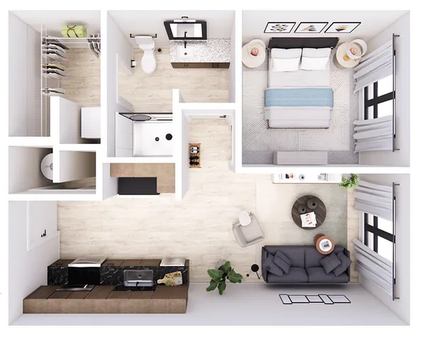 Chic 3D floor plan with one bedroom, stylish open kitchen, and inviting living area.