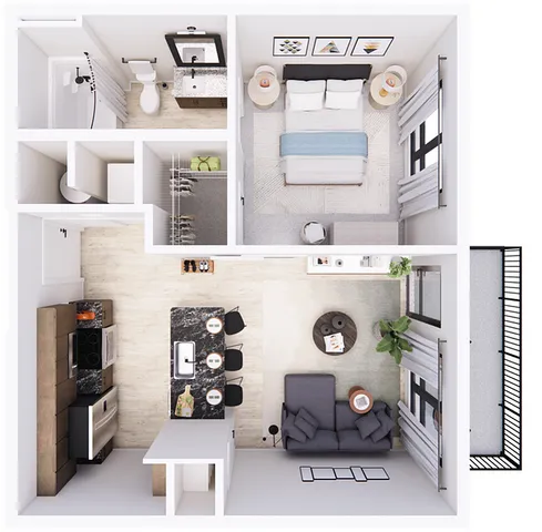 1 bedroom apartment floor plan showing one bedroom, open living space with kitchen, and bathroom.
