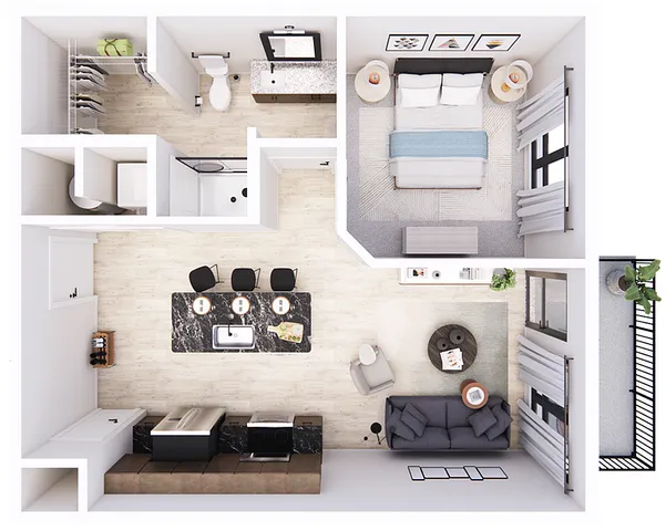 Elegant floor plan showing one bedroom, a living area, modern kitchen, and a cozy balcony.