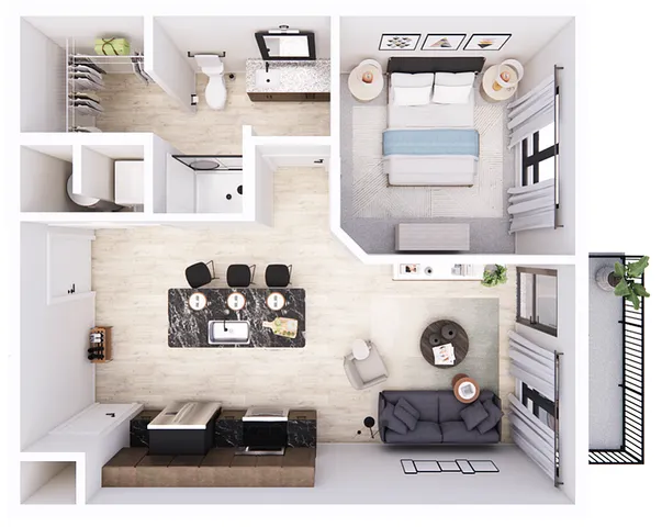 Sophisticated floor plan showing an open-concept living area, kitchen, one bedroom, and a balcony.