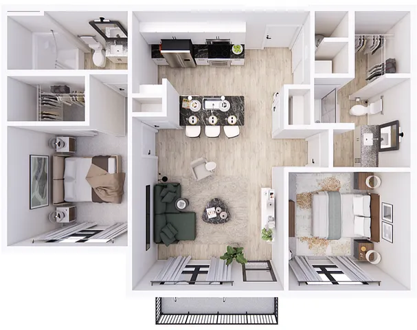 3D apartment floor plan showcasing two bedrooms, an open kitchen-dining area, and a comfortable living room.