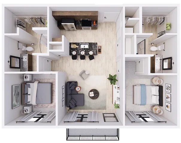 3D floor plan of a chic apartment featuring 2 bedrooms, an open living area, and a stylish kitchen.