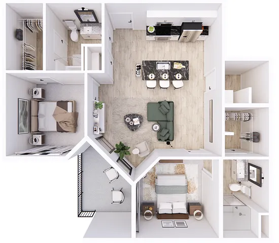 3D floor plan showcasing 2 bedrooms, modern kitchen, and open living area with balcony.