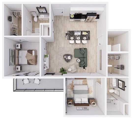 3D floor plan of a modern apartment featuring two bedrooms, an open living area, and a sleek kitchen.