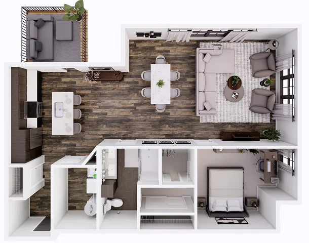 Modern open-concept floor plan showcasing 1 bedroom, stylish kitchen, cozy living area, and inviting balcony space.