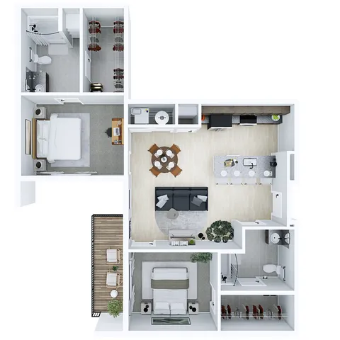 Modern 2D floor plan showcasing 2 bedrooms, open living space with dining area, and a sleek kitchen with island seating.