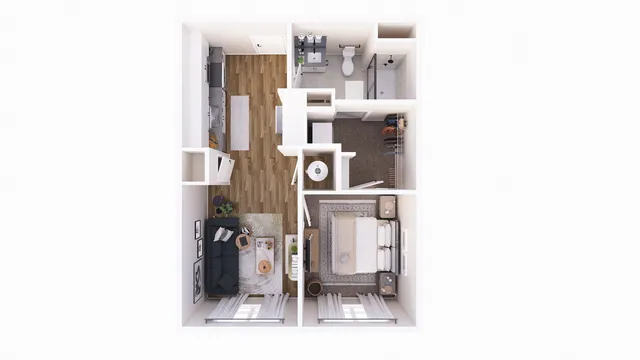 Modern 1-bedroom apartment floor plan with open-concept living and kitchen area, cozy living room, spacious bathroom, and elegant bedroom.