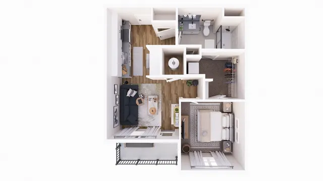 Inviting 1 bedroom apartment with open living dining area, modern kitchen, cozy bedroom, and private balcony.