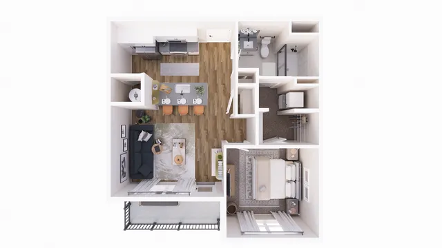 Contemporary 1 BR floor plan featuring an open-concept living and kitchen area, stylish bathroom, and private balcony.