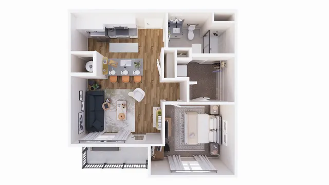 Large, 691 sf 1-bedroom apartment with an open-concept kitchen and living area, stylish bathroom, and inviting balcony.
