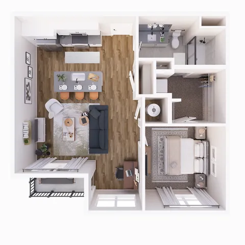 Large, modern 760 SF 1-BR apartment showcasing a spacious open-concept living area, elegant kitchen, and cozy bedroom with abundant natural light.
