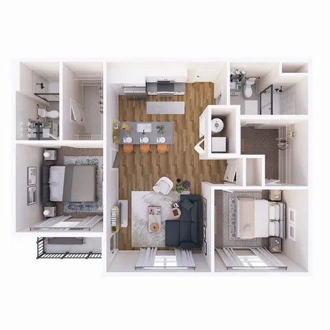 Modern two bedroom apartment, open-concept living area, stylish kitchen, 2 bathrooms, and private balcony