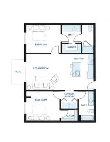 Charming Waterside Riverpark Place floor plan showcasing 2 bedrooms and 2 bathrooms with a modern open living area, kitchen, and inviting patio. Experience luxury with walk-in closets and city or water views in 1084 sq ft of stylish living.