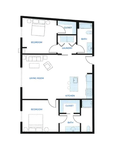 Elegant 2D floor plan of The Barron Suite at Waterside featuring 2 spacious bedrooms, modern open living area, and sleek kitchen; totaling 1194 sq ft with city views.