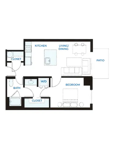 Modern 1-bedroom apartment floor plan featuring open living/dining area, spacious kitchen, private patio, and walk-in closet.