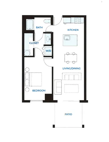 Charming 1-bedroom floor plan with open living/dining area, modern kitchen, private patio, and spacious walk-in closet in Waterside at Riverpark Place.
