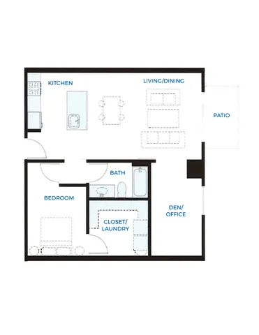 Elegant floor plan of \'The Rockcastle\' at Waterside, featuring 1 bedroom, 1 bathroom, cozy den/office, open-concept living/dining area, and a modern kitchen with patio access, covering 798 sq ft.