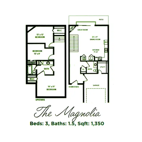 The Magnolia floor plan showcasing 3 spacious bedrooms, a versatile great room, and a stylish kitchen, totaling 1,350 sq ft with 1.5 baths.