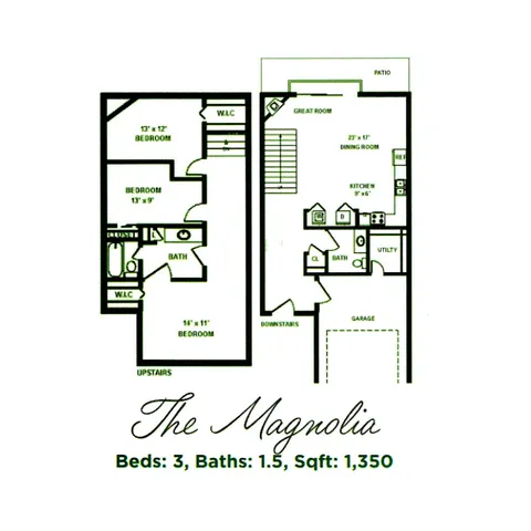 The Magnolia floor plan featuring 3 bedrooms, 1.5 baths, and an airy great room with adjacent dining area, spanning 1,350 sq ft, complete with a modern kitchen and inviting patio.