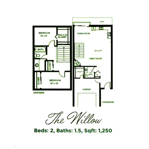The Willow floor plan showcasing 2 bedrooms, 1.5 baths, spacious great room, dining area, and convenient garage across 1,250 sq ft.