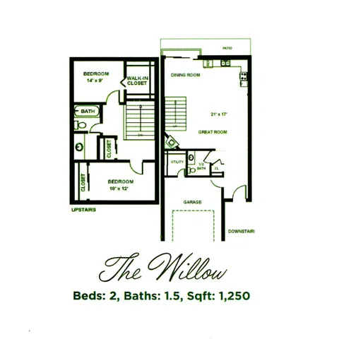 The Willow floor plan showcasing a spacious 2-bedroom, 1.5-bath layout with an inviting great room and dining area, spanning 1,250 sq ft. Includes a convenient garage and patio area.