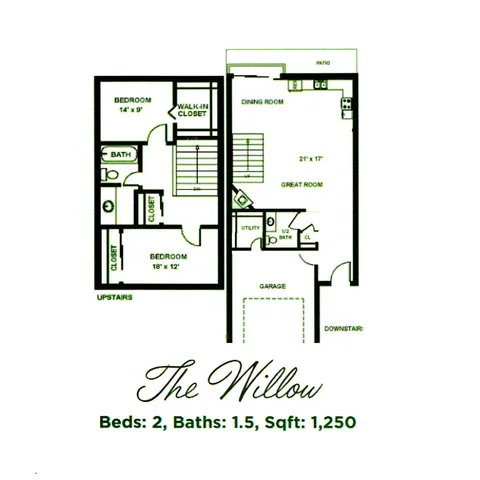 The Willow floor plan showcases a charming 2-bedroom, 1.5-bathroom layout with 1,250 sq ft, featuring a spacious great room, dining area, utility space, and garage.