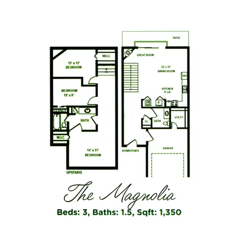 The Magnolia floor plan featuring 3 bedrooms, 1.5 baths, and 1,350 sq ft. Includes a spacious great room, dining area, kitchen, and patio, with convenient garage access.