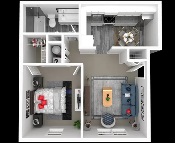 Stylish 3D apartment floor plan showcasing 1 bedroom, a modern kitchen, and a cozy living area.