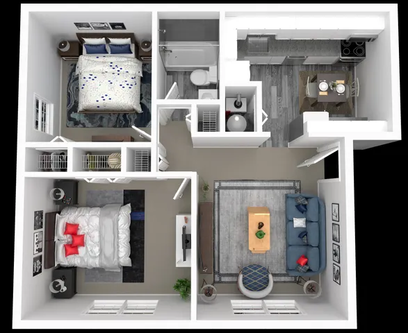 Stylish 3D floor plan featuring 2 bedrooms, cozy living room, modern kitchen, and bathroom.