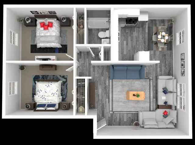 Chic floor plan with 2 bedrooms, open living room, and modern kitchen.