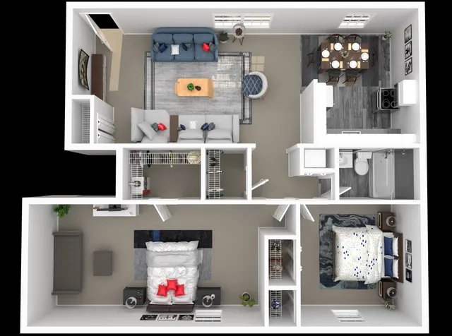 3D floor plan showing a spacious 2-bedroom apartment with an open living room, dining area, and modern kitchen.