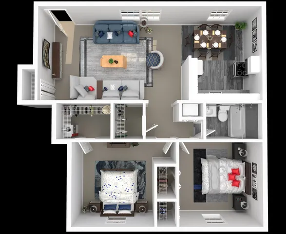 3D floor plan of a contemporary apartment featuring two bedrooms, a cozy living area, a modern kitchen, and a dining space.