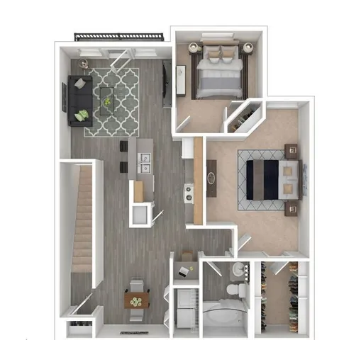 Modern 3D floor plan showcasing a stylish 2-bedroom apartment with open-concept kitchen, cozy living room, and spacious master suite.