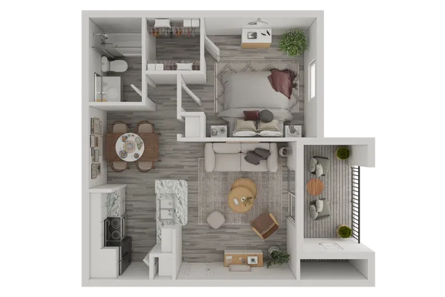 Chic 1-bedroom apartment floor plan featuring a spacious living area, modern kitchen with marble countertops, cozy dining space, elegant bathroom, and a private balcony for relaxation.