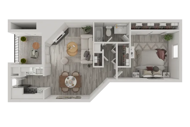 Contemporary floor plan showcasing a spacious 1-bedroom apartment with an open-concept living room, modern kitchen, and stylish bathroom.