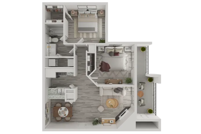 Modern 2D floor plan with 2 bedrooms, a sleek open-space kitchen, cozy living room, and a stylish balcony for urban living.