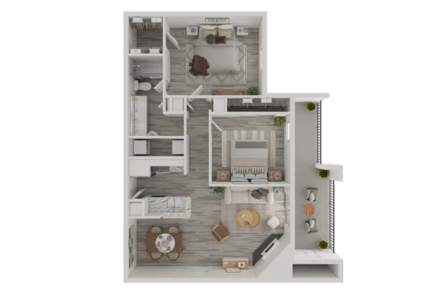 Modern 2D floor plan showcasing two spacious bedrooms, a stylish open-concept living area, gourmet kitchen with dining space, and a welcoming balcony for perfect outdoor relaxation.