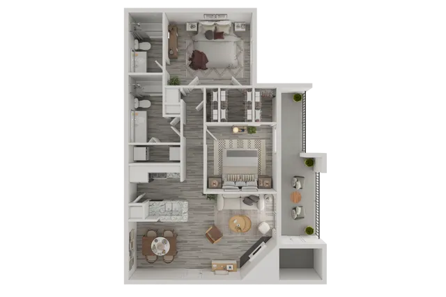 Chic 3D floor plan featuring a cozy bedroom, two bathrooms, a modern kitchen, dining area, and an inviting living room with balcony access.