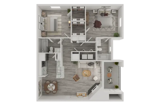 Modern 2D floor plan showcasing 2 spacious bedrooms, stylish open-concept living and dining area, elegant kitchen, and a cozy balcony.