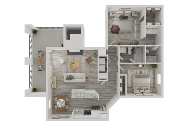 Modern floor plan showcasing 2 bedrooms, spacious living room, sleek kitchen, and chic balcony area.